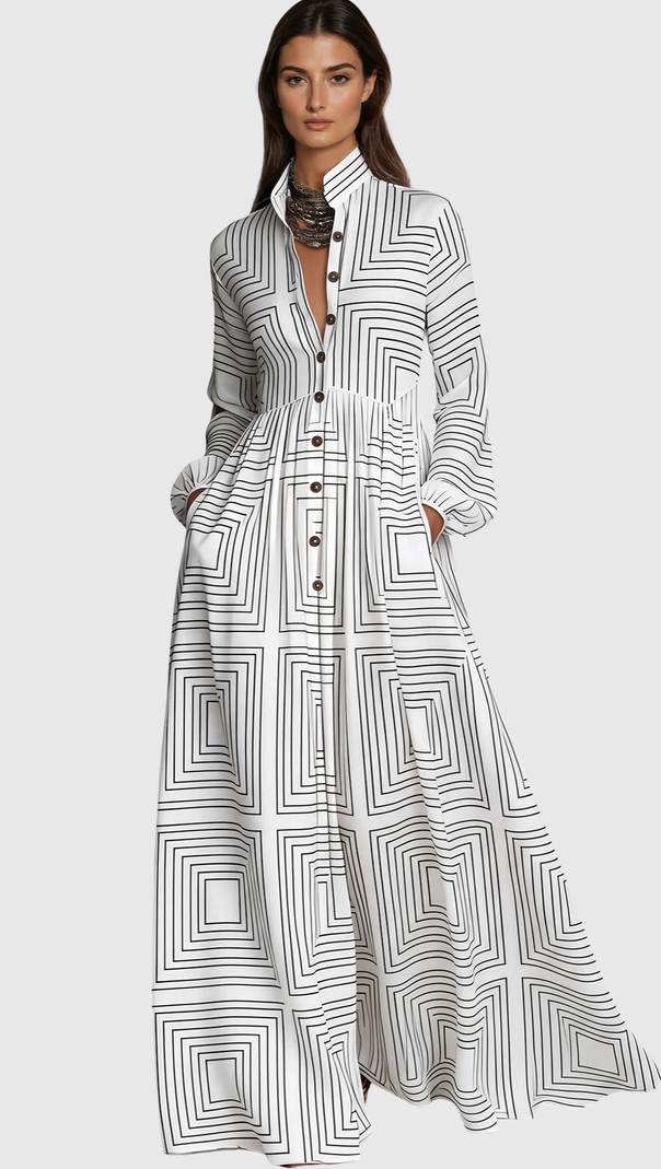 Judie Geometric Print Maxi Dress - White