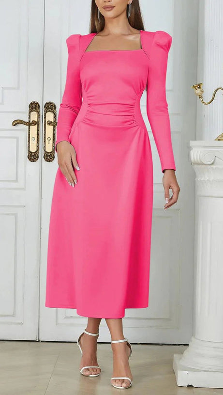 SQUARE NECK PLEATED MAXI DRESS IN PINK