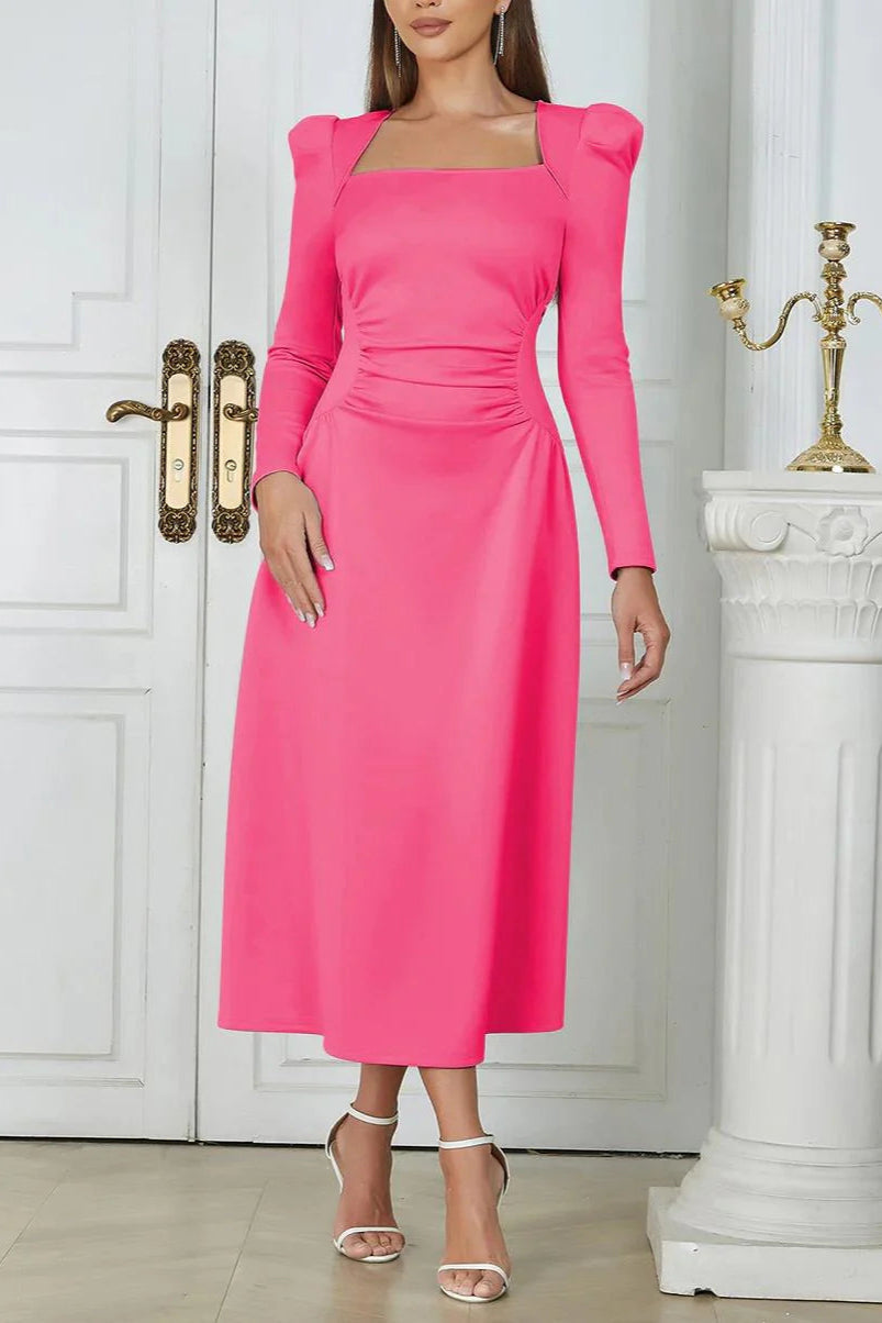 SQUARE NECK PLEATED MAXI DRESS IN PINK