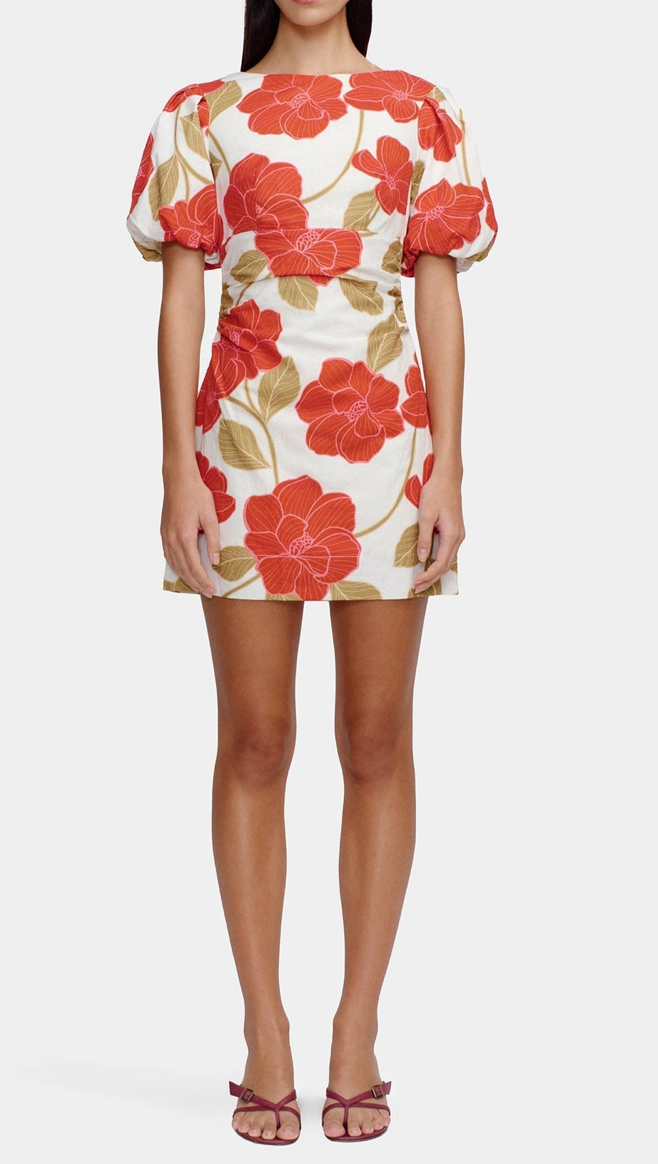 mehrfarbiges bedrucktes Minikleid aus geknittertem Leinen mit Puffärmeln