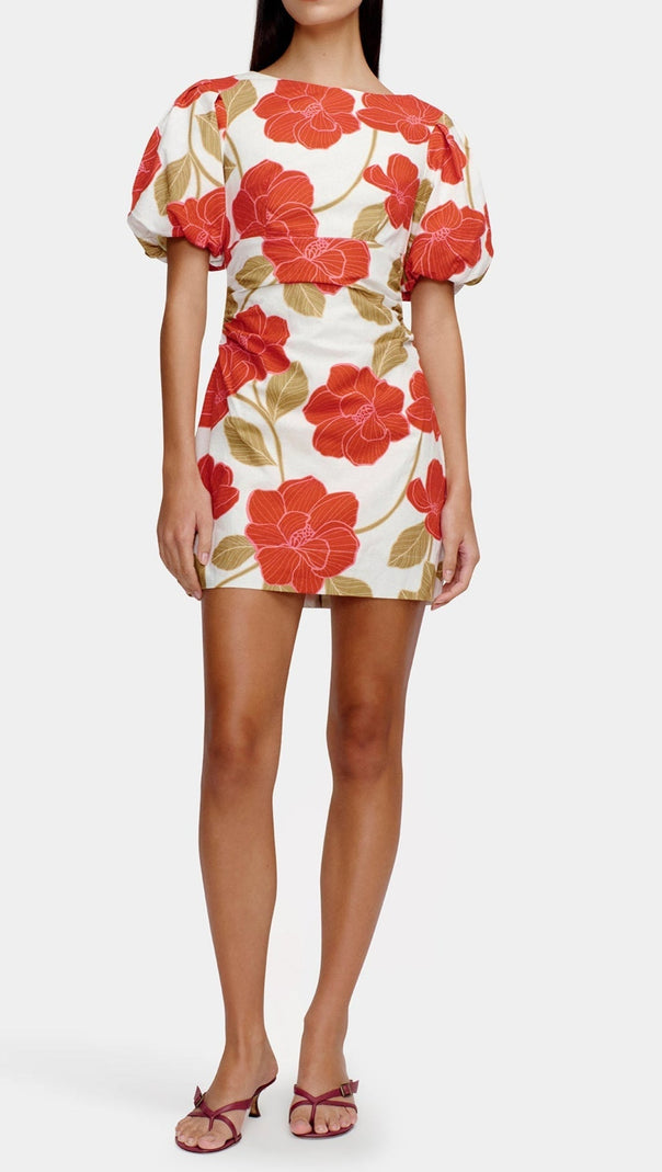 AIIZIE MULTICOLOR PRINTED PUFF-SLEEVE CRINKLED LINEN MINI DRESS - product image
