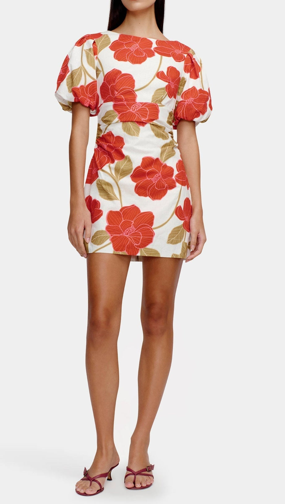 mehrfarbiges bedrucktes Minikleid aus geknittertem Leinen mit Puffärmeln