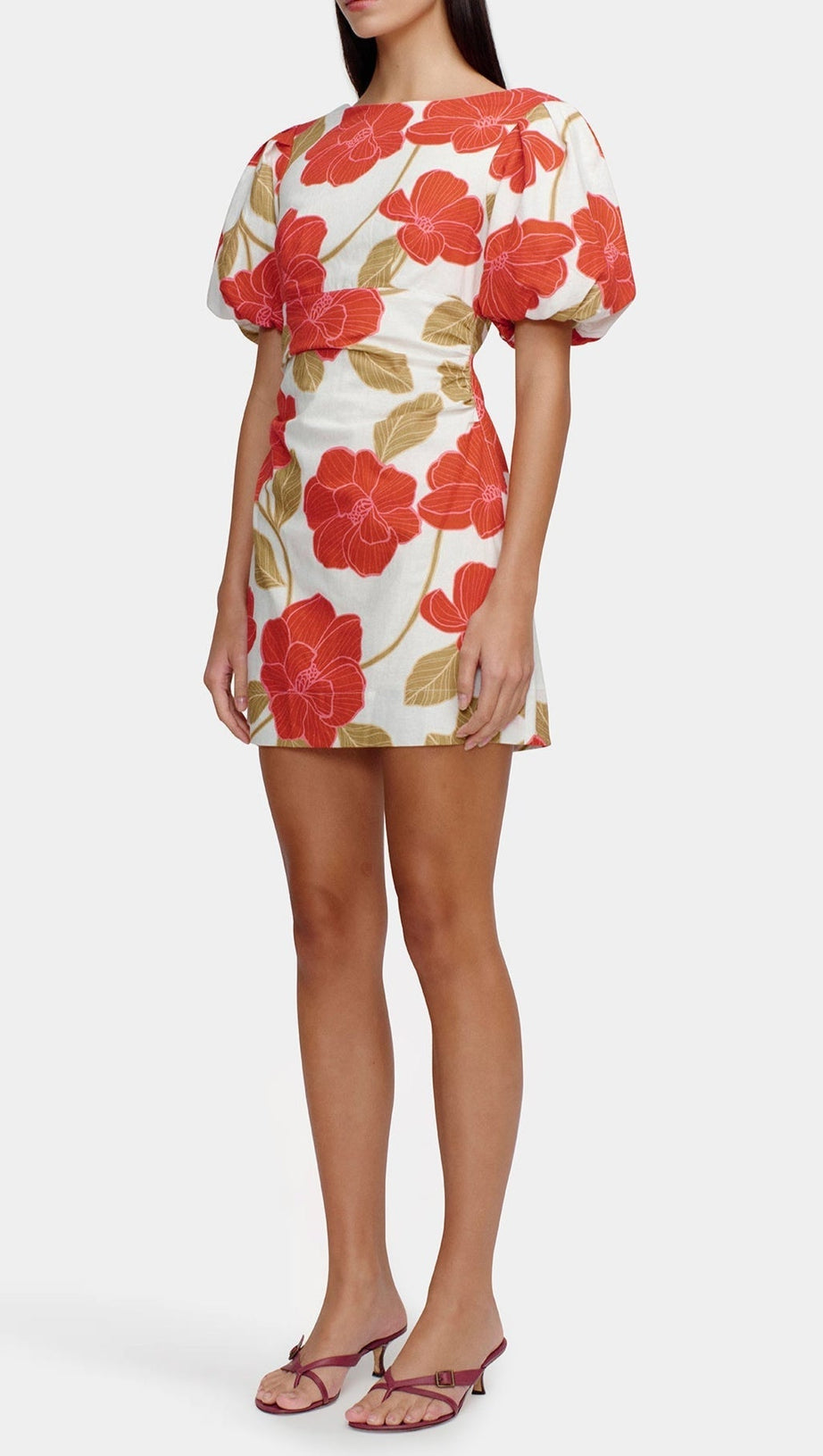 mehrfarbiges bedrucktes Minikleid aus geknittertem Leinen mit Puffärmeln