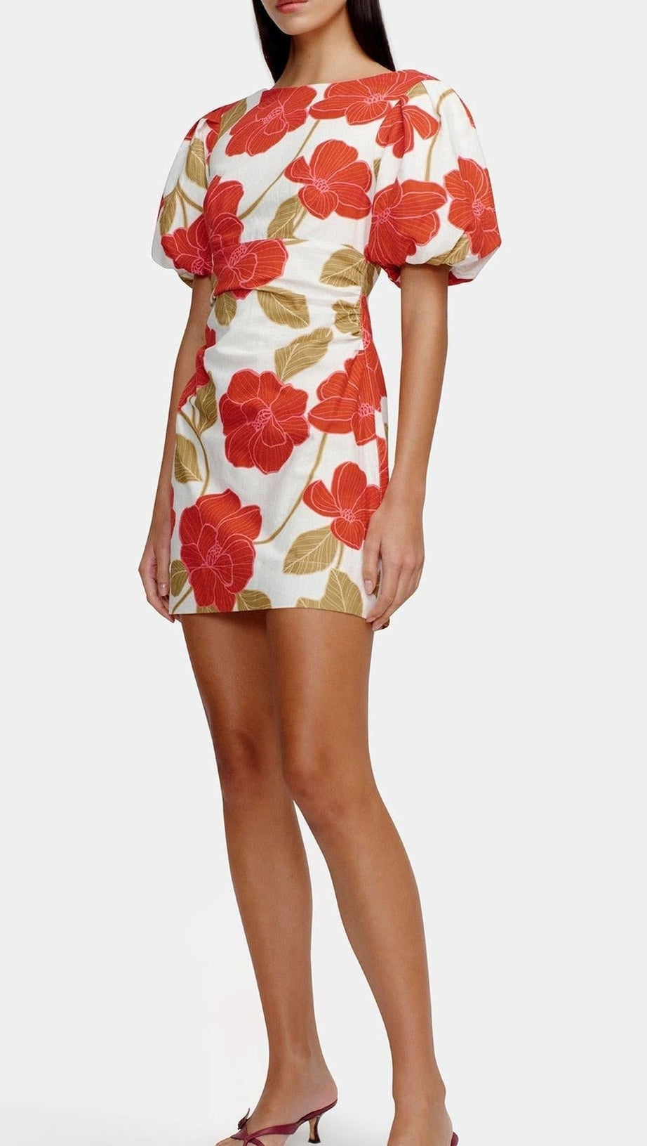 mehrfarbiges bedrucktes Minikleid aus geknittertem Leinen mit Puffärmeln