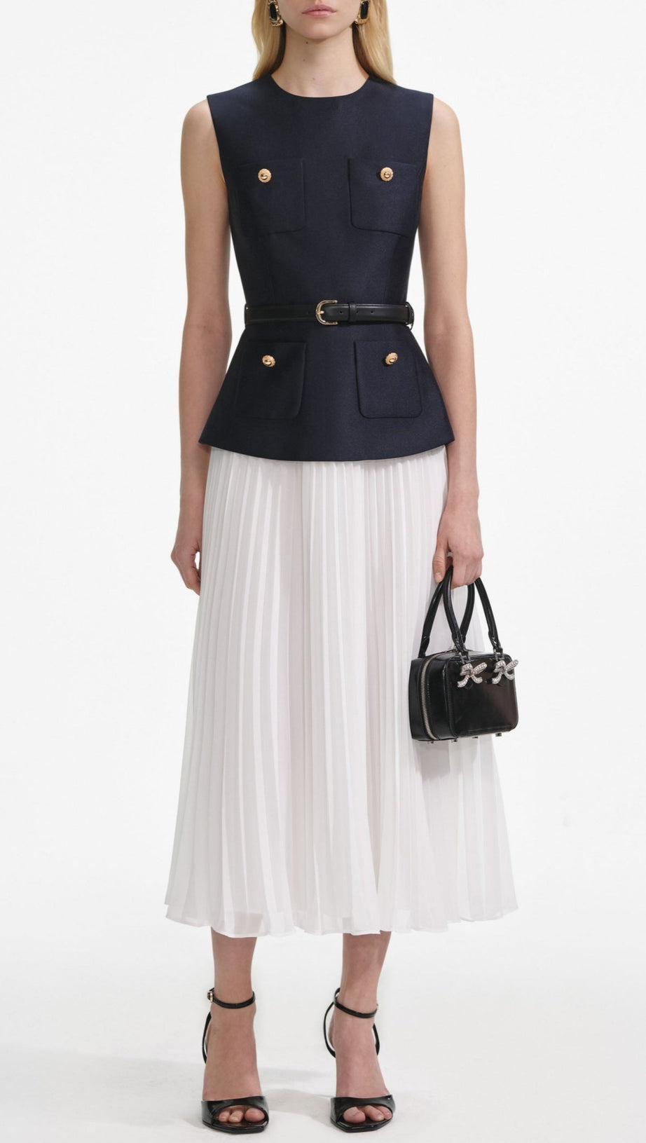 SLEEVELESS BELTED CHIFFON MIDI DRESS