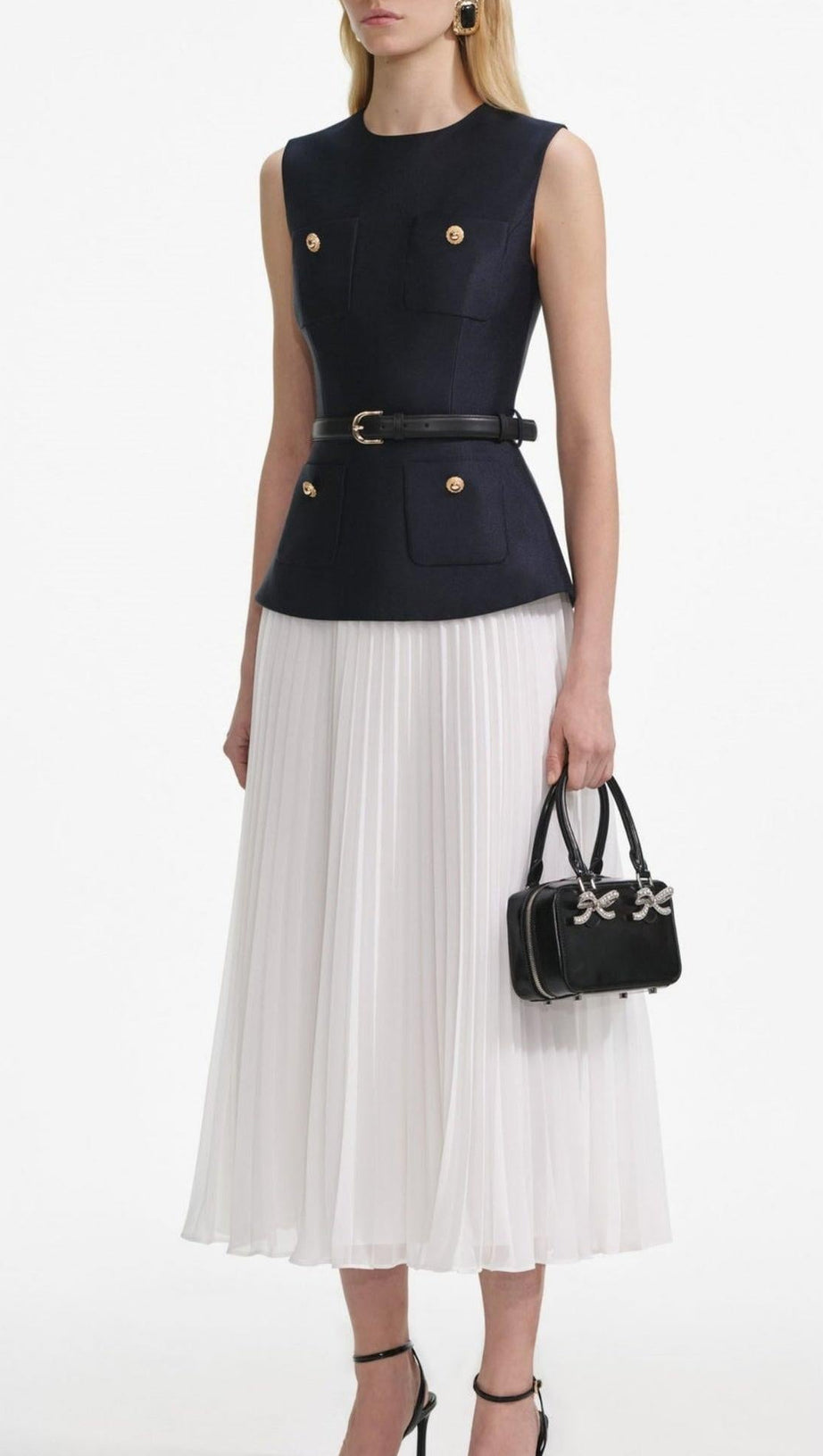 SLEEVELESS BELTED CHIFFON MIDI DRESS