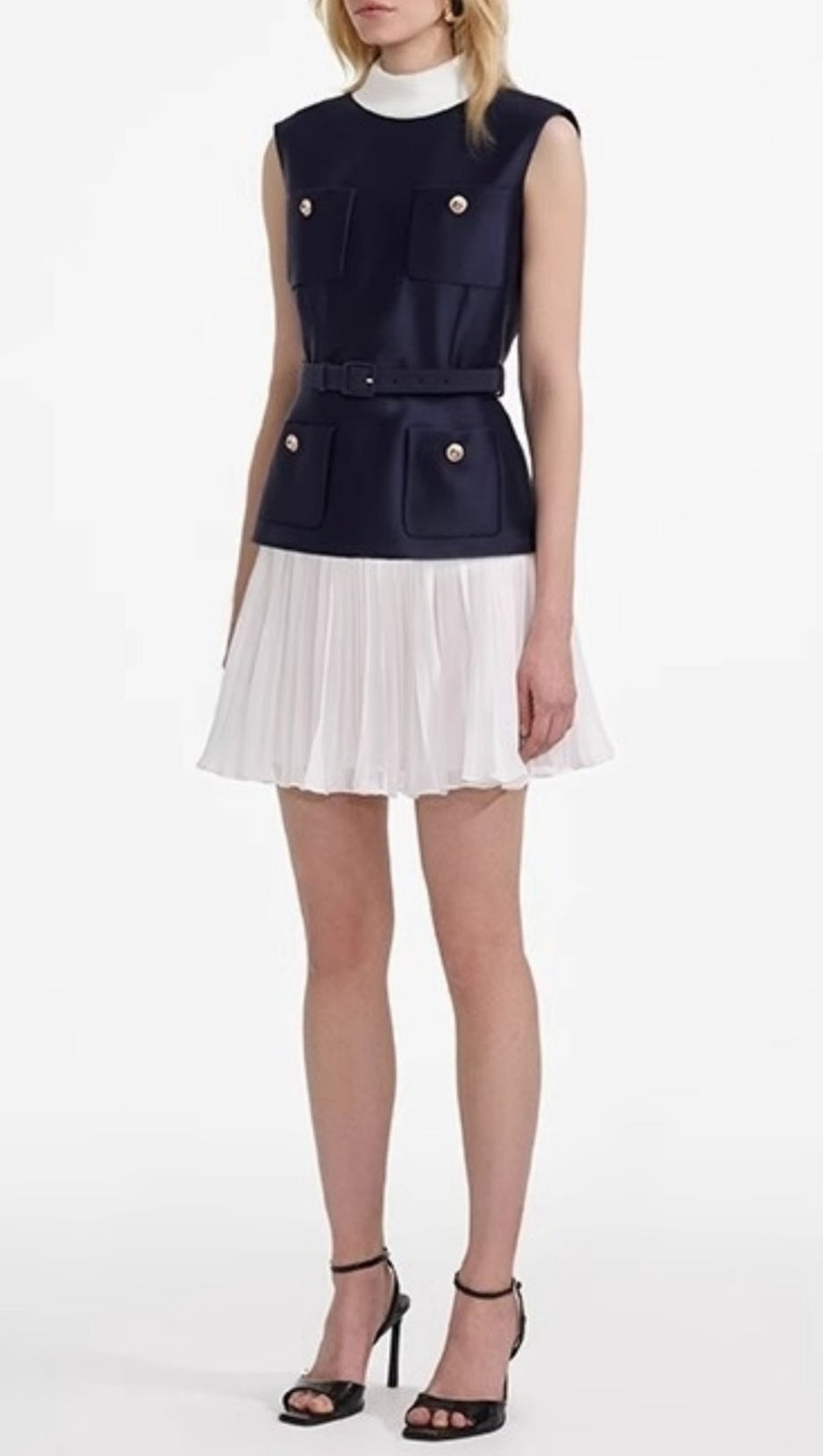 SLEEVELESS BELTED CHIFFON MINI DRESS