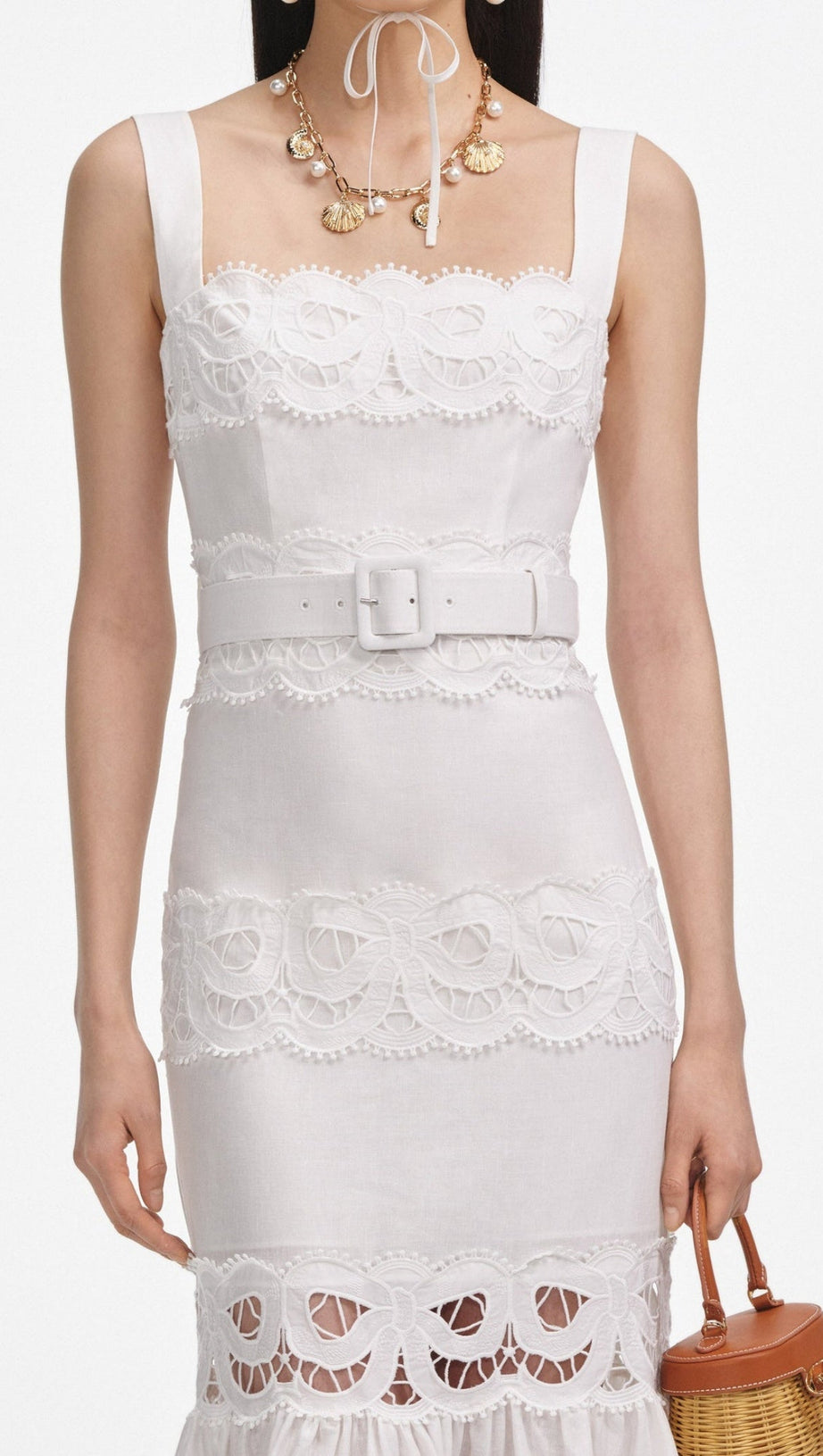 KEANE LACE INSERT BELTED MIDI DRESS