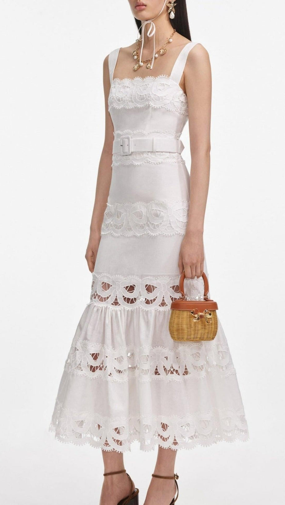 KEANE LACE INSERT BELTED MIDI DRESS