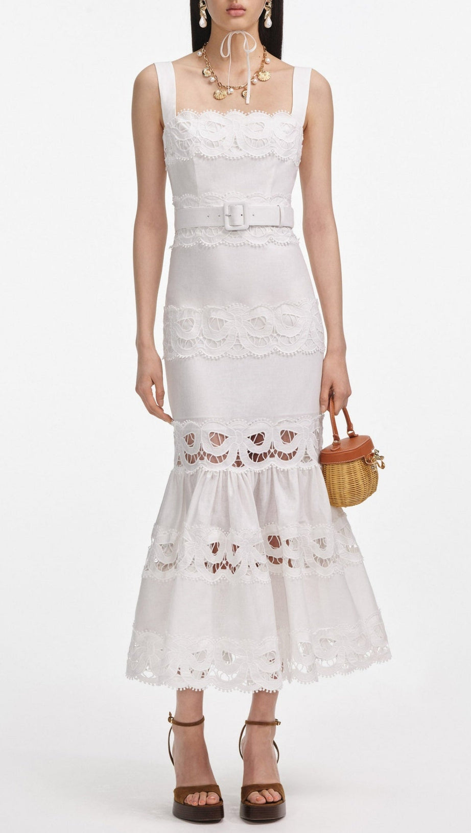 KEANE LACE INSERT BELTED MIDI DRESS