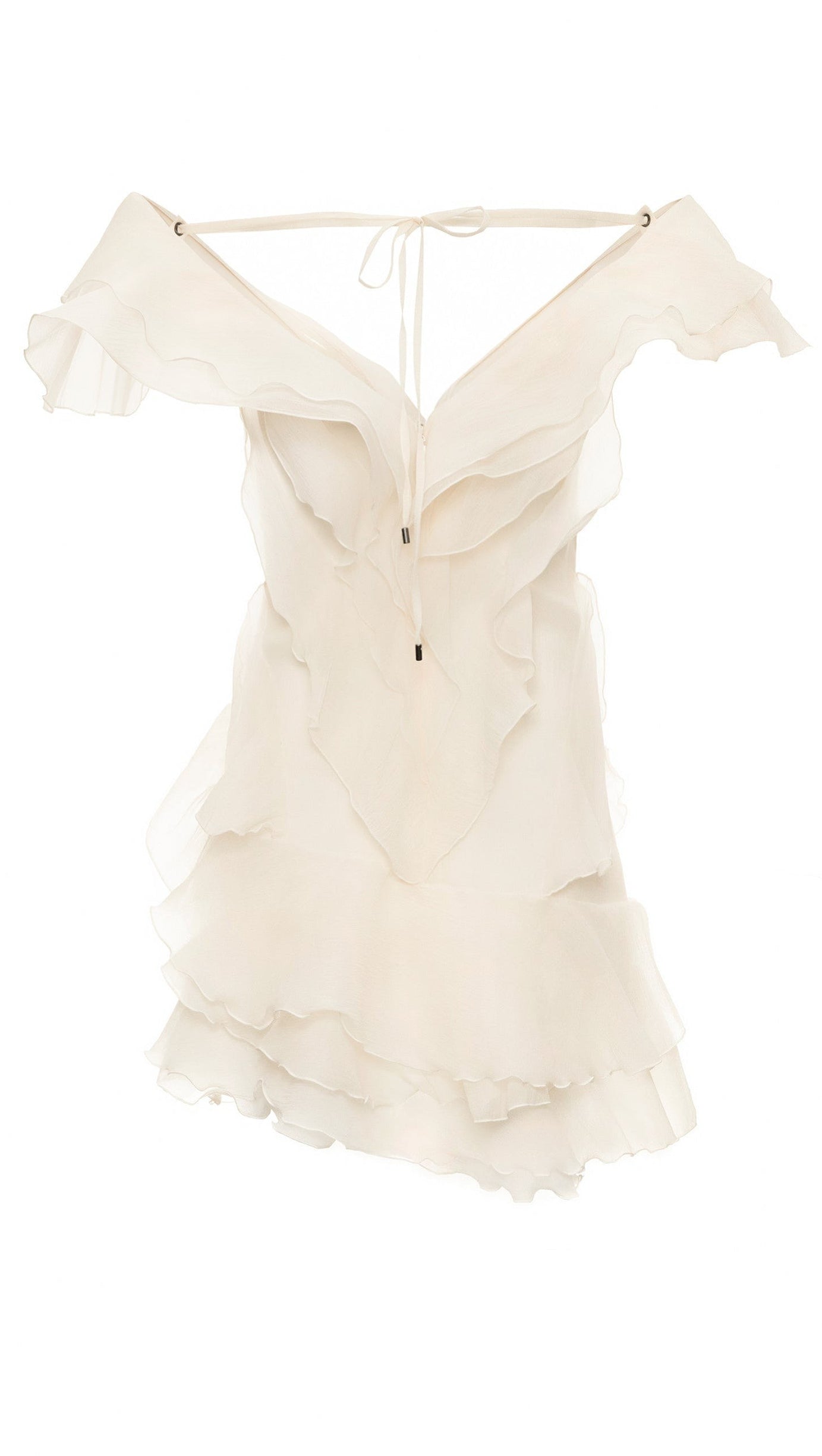 MINI ABITO SABRINA SENZA SPALLINE CON VOLANT A STRATI, BEIGE