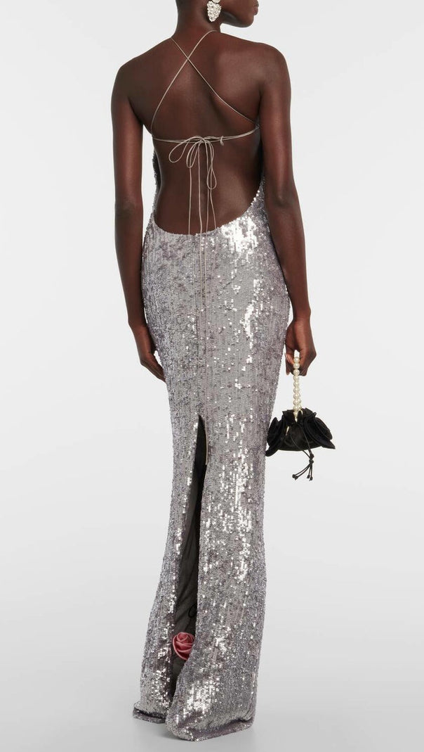 AIIZIE KIARA FLORAL SEQUIN BACKLESS MAXI DRESS - product image