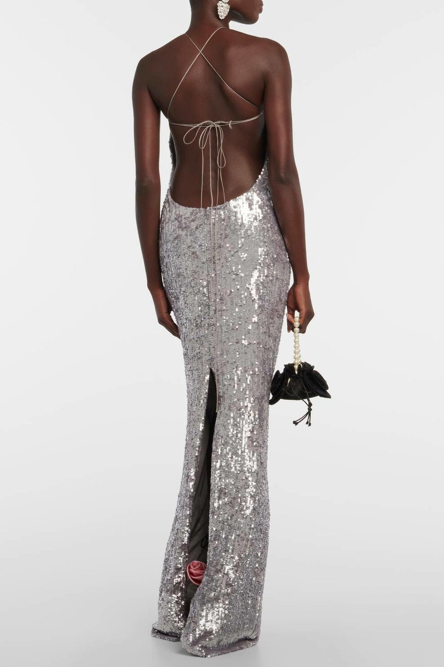 KIARA FLORAL SEQUIN BACKLESS MAXI DRESS