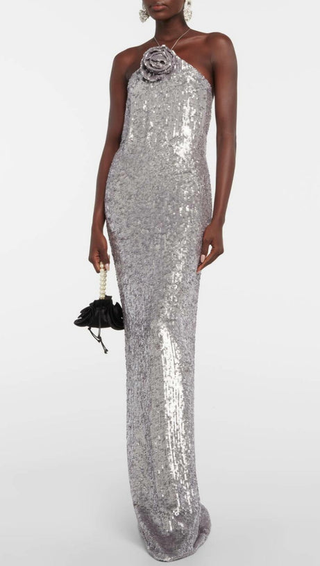 KIARA FLORAL SEQUIN BACKLESS MAXI DRESS