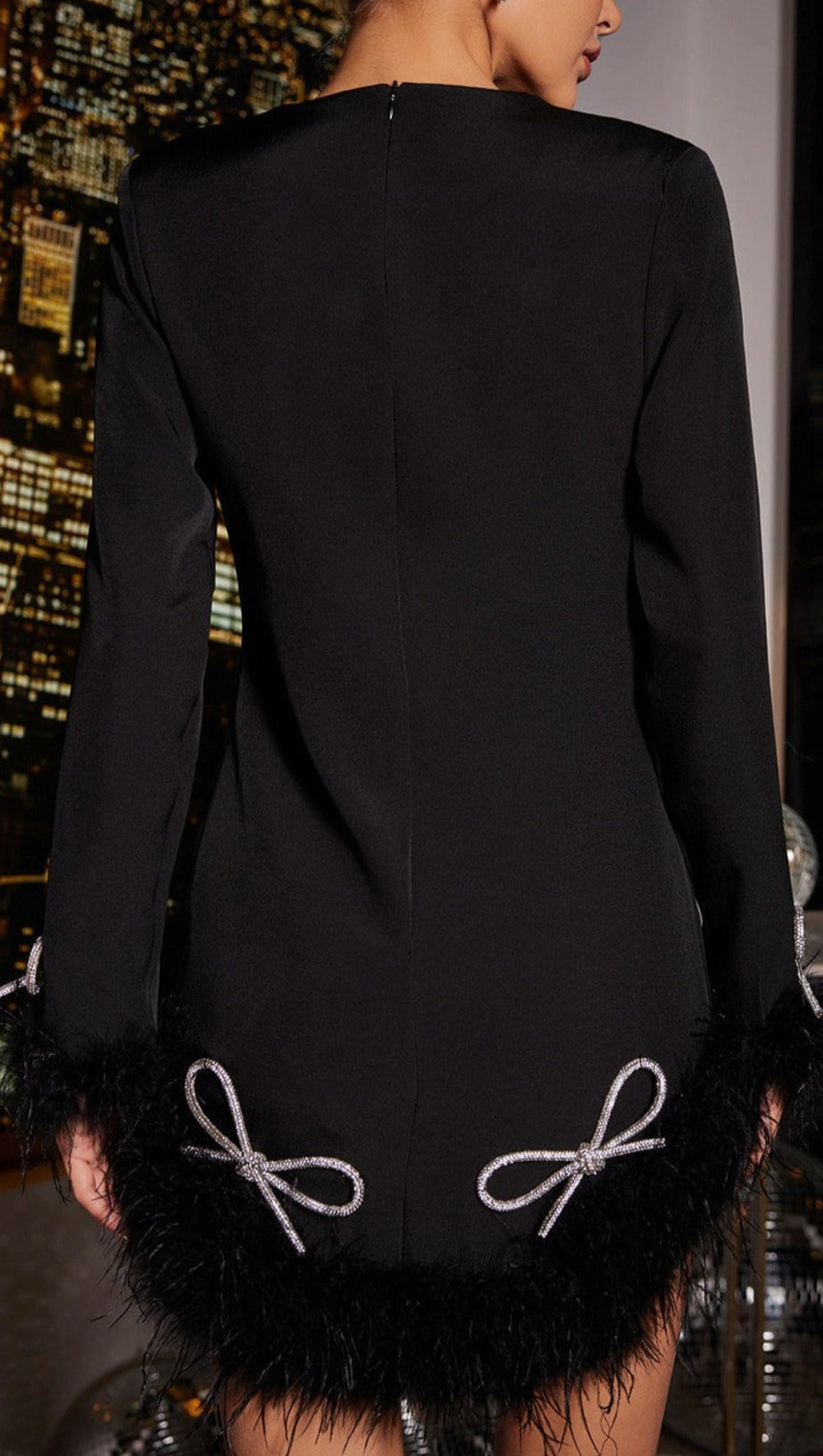 LONG SLEEVE BOW CRYSTAL FEATHER DRESS