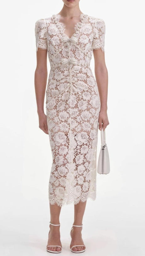 CRYSTAL BOW DETAILED V NECK LACE MIDI DESIGN DRESS
