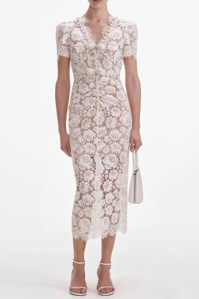 AIIZIE CRYSTAL BOW DETAILED V NECK LACE MIDI DESIGN DRESS - product image