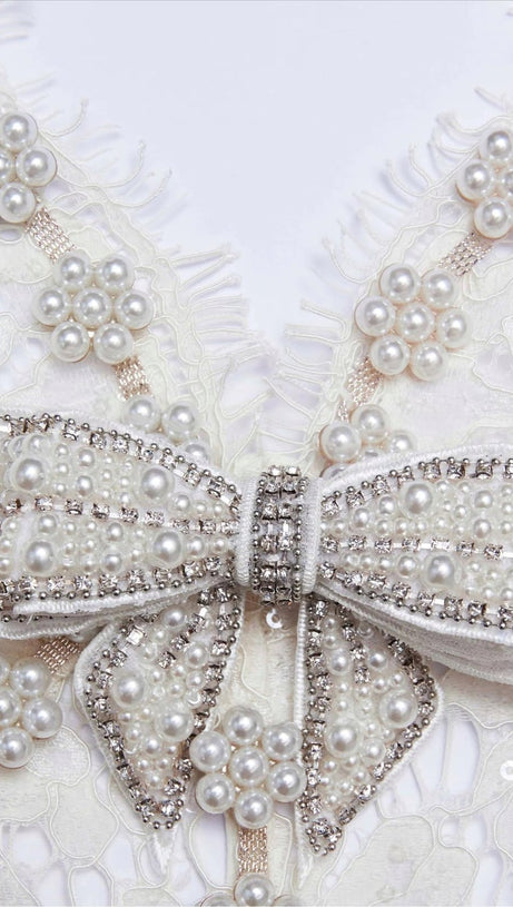 CRYSTAL BOW DETAILED V NECK LACE MIDI DESIGN DRESS