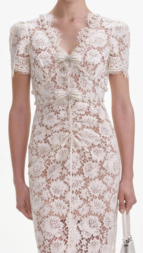 CRYSTAL BOW DETAILED V NECK LACE MIDI DESIGN DRESS