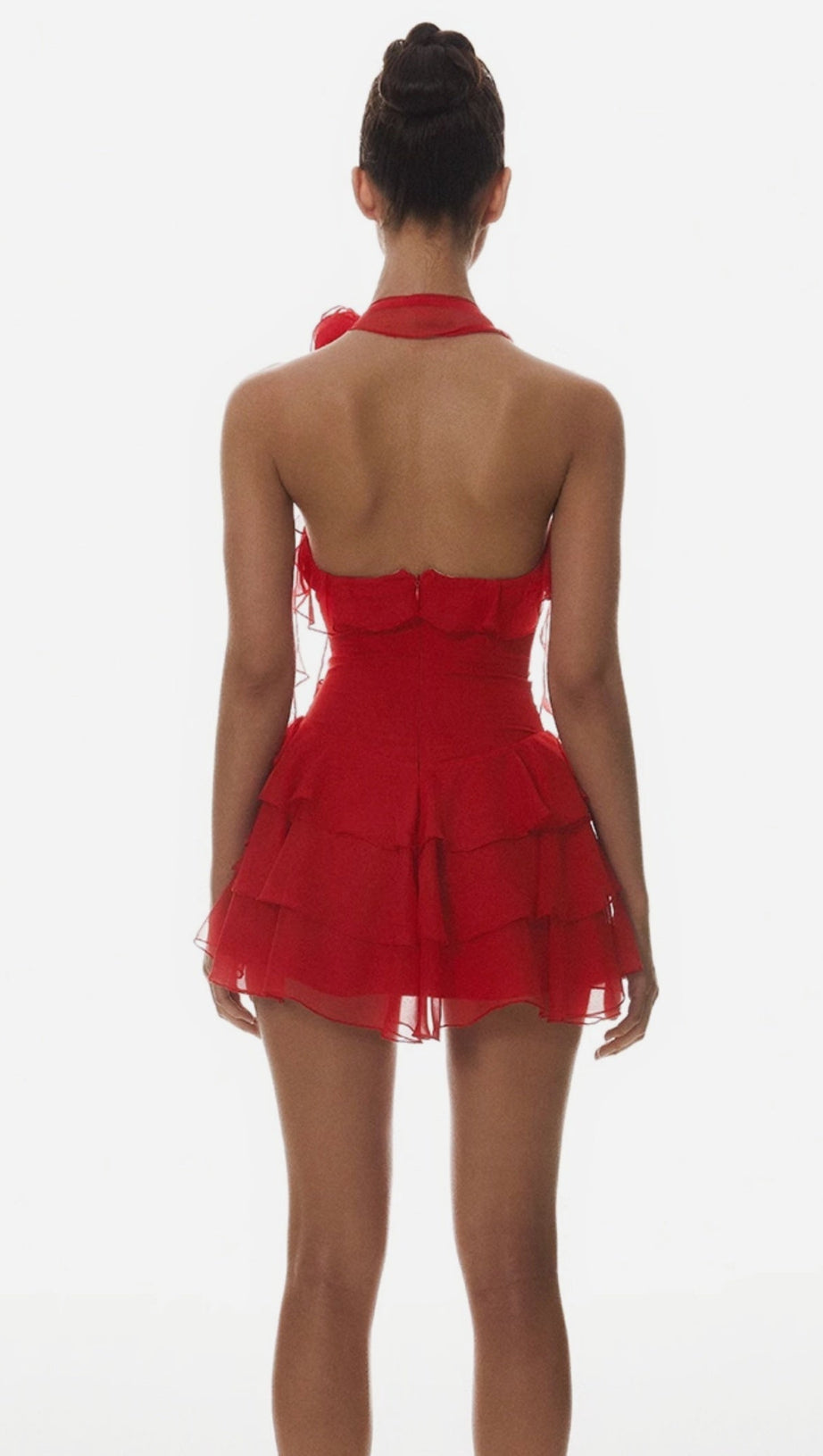 KYRIE HALTER FLORAL RUFFLE MINI DRESS - RED