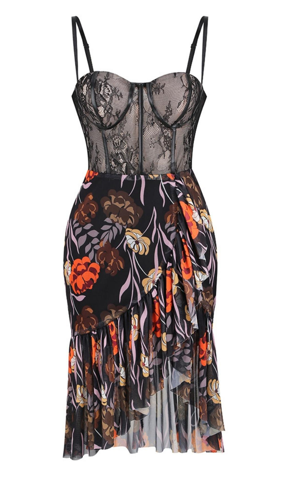MIDIKLEID MIT SPITZENDRUCK IN SCHWARZ