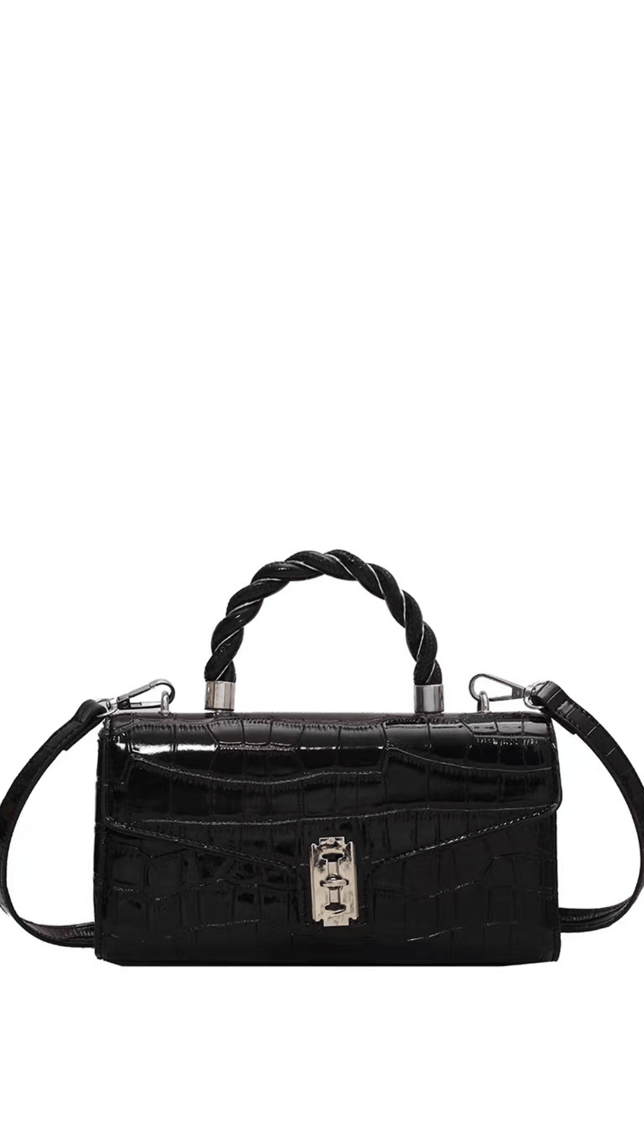 KLEINE, QUADRATISCHE TOTE MIT LACKIERTEM KROKODILMUSTER