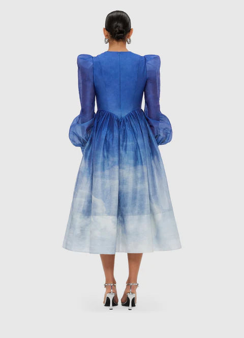 JORDANA STRUCTURED SHOULDER MIDI DRESS IN AERIAL PRINT