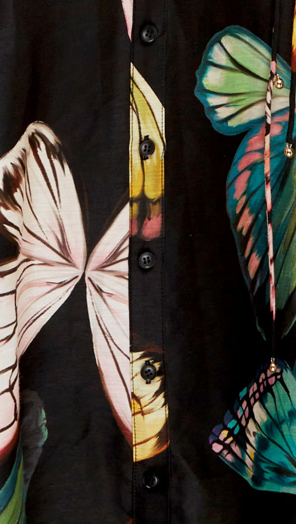 AIIZIE BUTTERFLY SLEEVE PAPILLON PRINT MIDI DRESS IN BLACK - product image