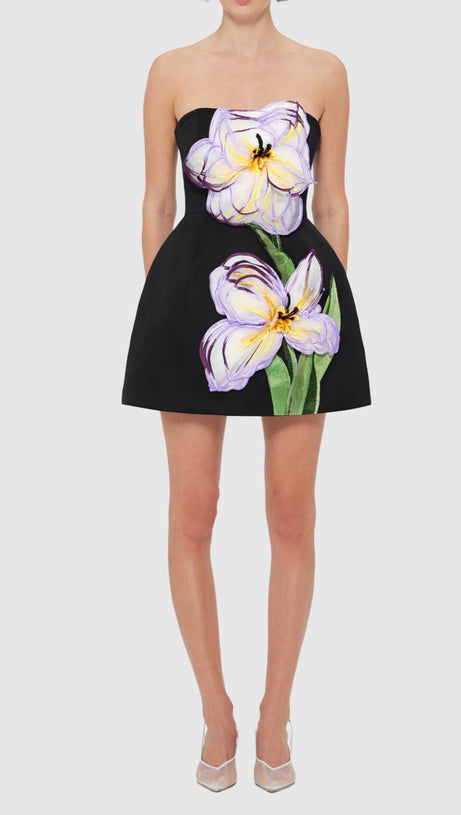 Rosario – Bustier-Minikleid mit Blumenapplikation in Schwarz