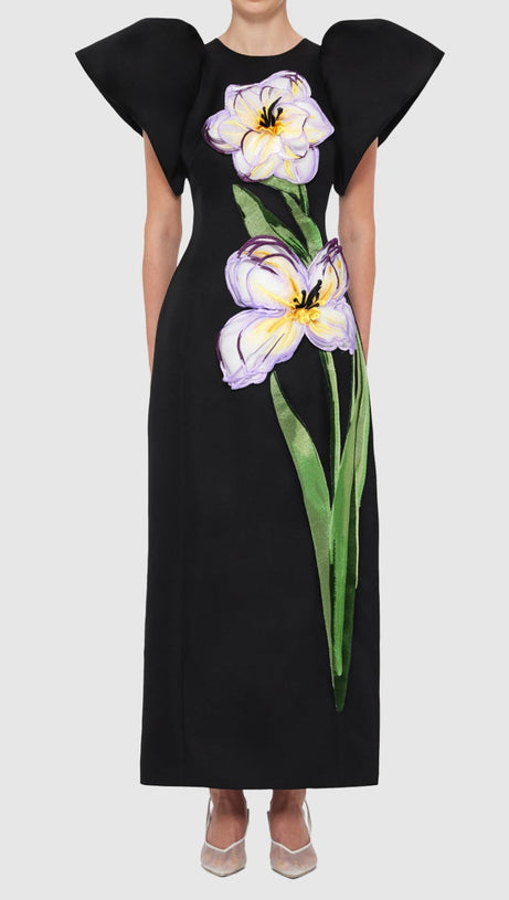 LUCINDA ABITO LUNGO CON APPLICAZIONI FLOREALI IN NERO