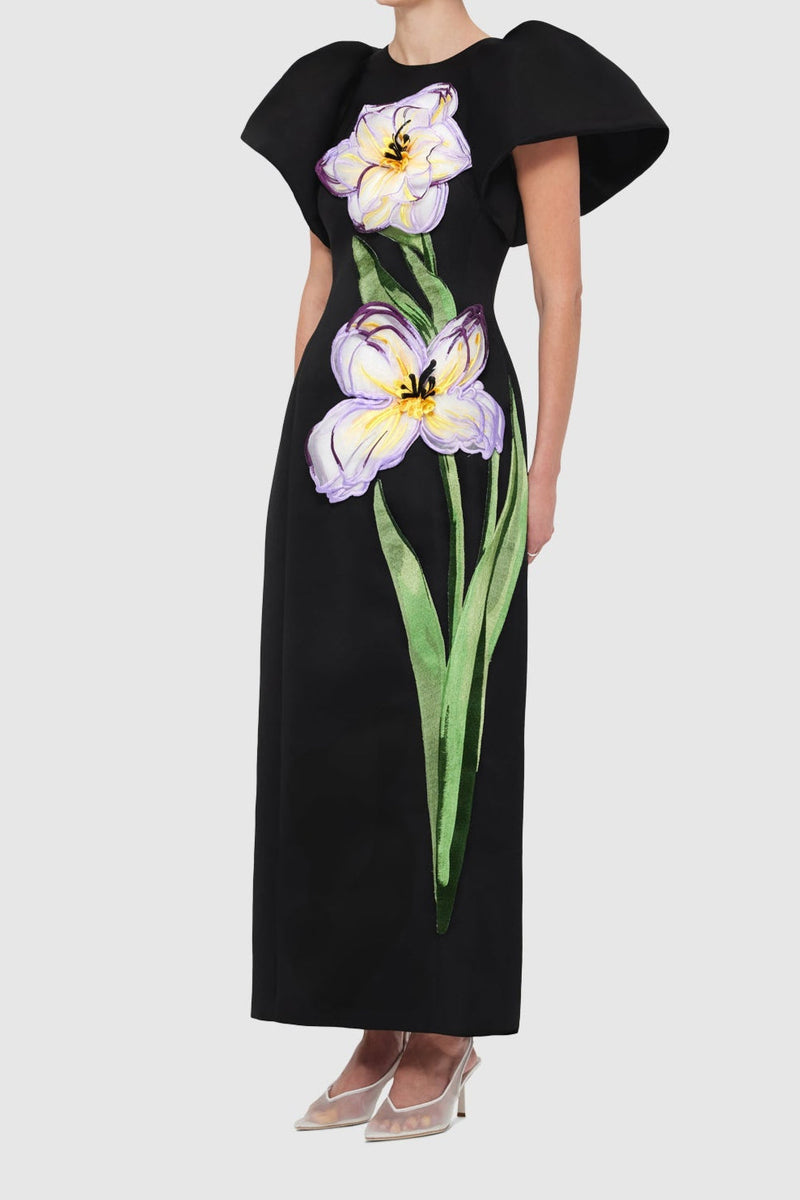 Iris Print Appliqué Floral Maxi Dress in Ebony