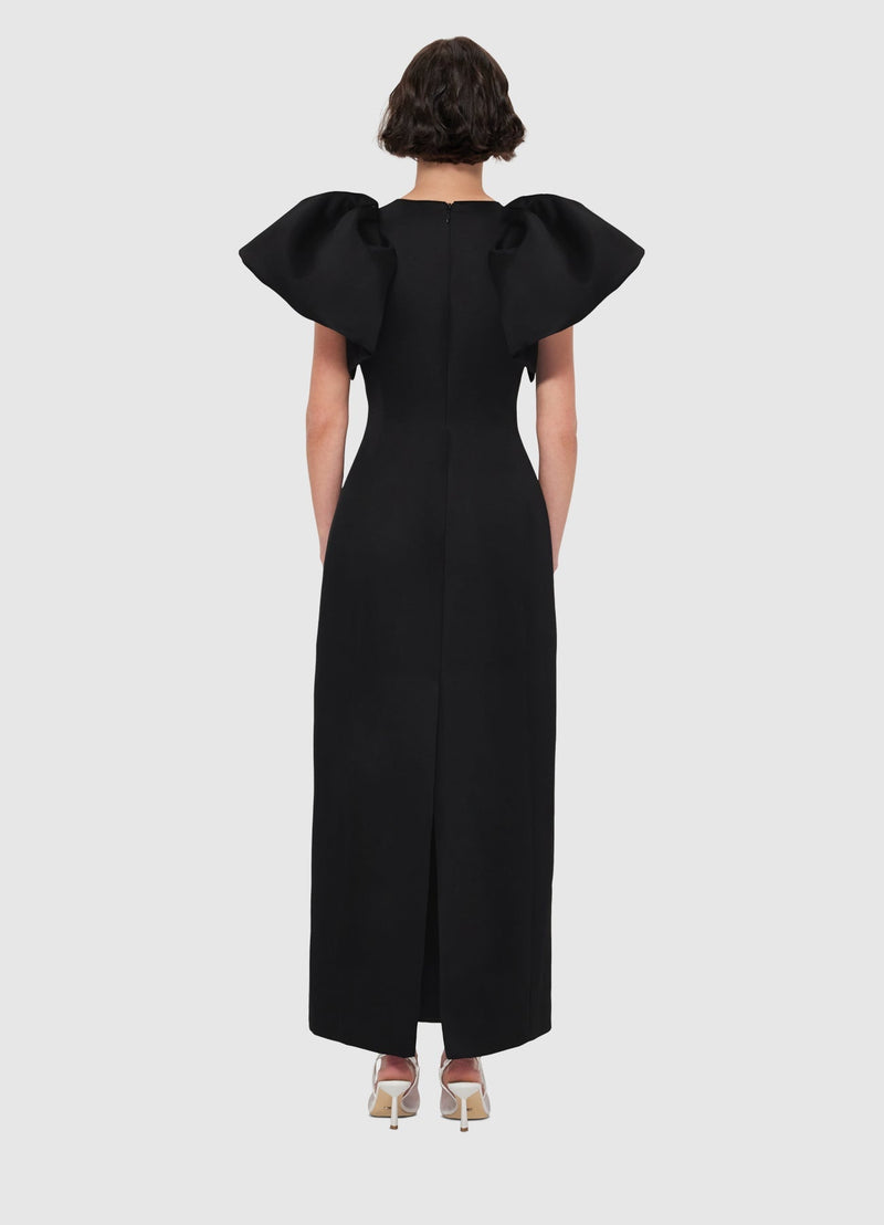 Iris Print Appliqué Floral Maxi Dress in Ebony