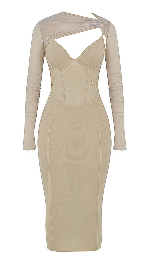Long Sleeve Midi Dress in Beige