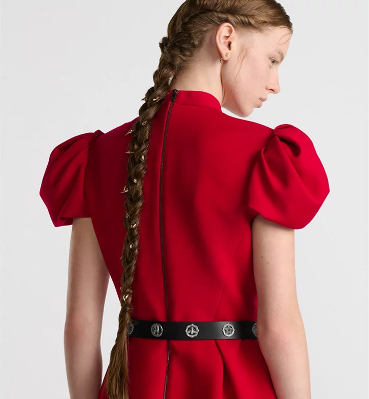 PUFF SLEEVE PLEATED MINI DRESS IN RED (WITHOUT BLACK BELT)