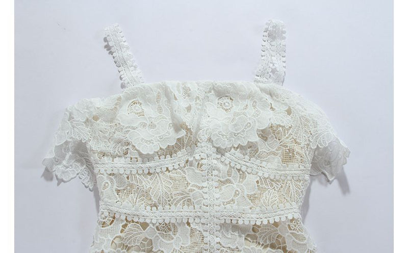 WHITE SPAGHETTI STRAP LACE MINI A-LINE DRESS