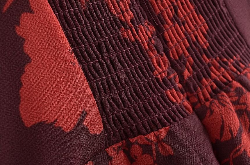 FLORAL PRINT BOWKNOT STRAP MIDI DRESS IN BURGUNDY