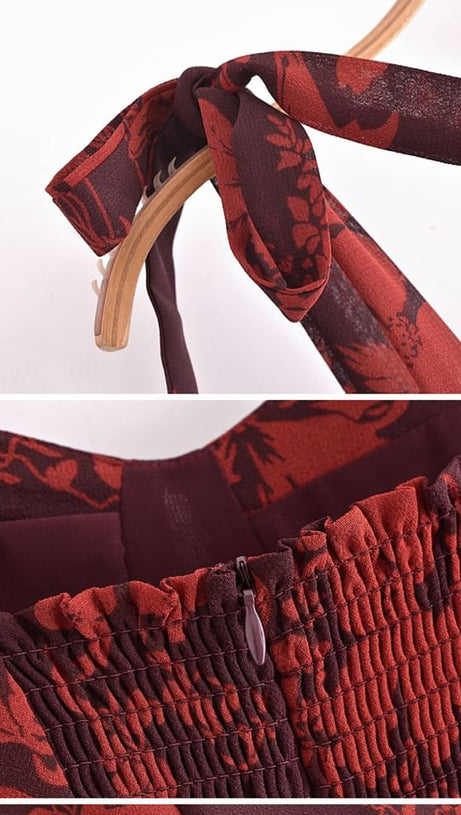 FLORAL PRINT BOWKNOT STRAP MIDI DRESS IN BURGUNDY