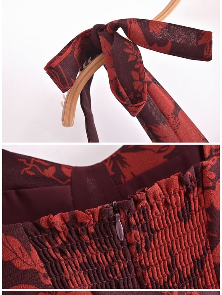 AIIZIE FLORAL PRINT BOWKNOT STRAP MIDI DRESS IN BURGUNDY - product image