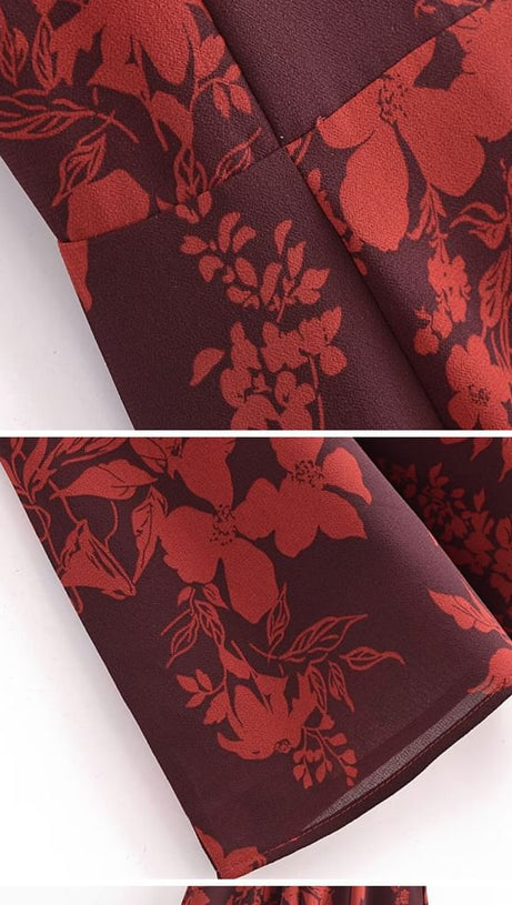 FLORAL PRINT BOWKNOT STRAP MIDI DRESS IN BURGUNDY