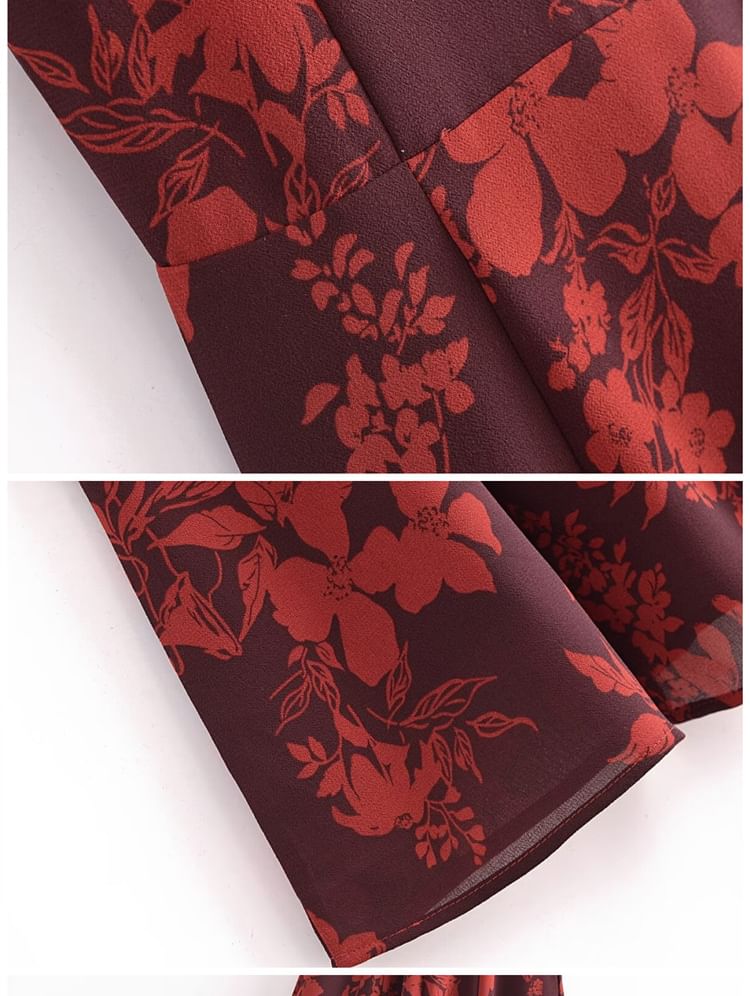 AIIZIE FLORAL PRINT BOWKNOT STRAP MIDI DRESS IN BURGUNDY - product image