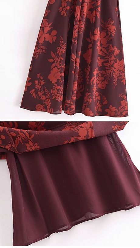 FLORAL PRINT BOWKNOT STRAP MIDI DRESS IN BURGUNDY