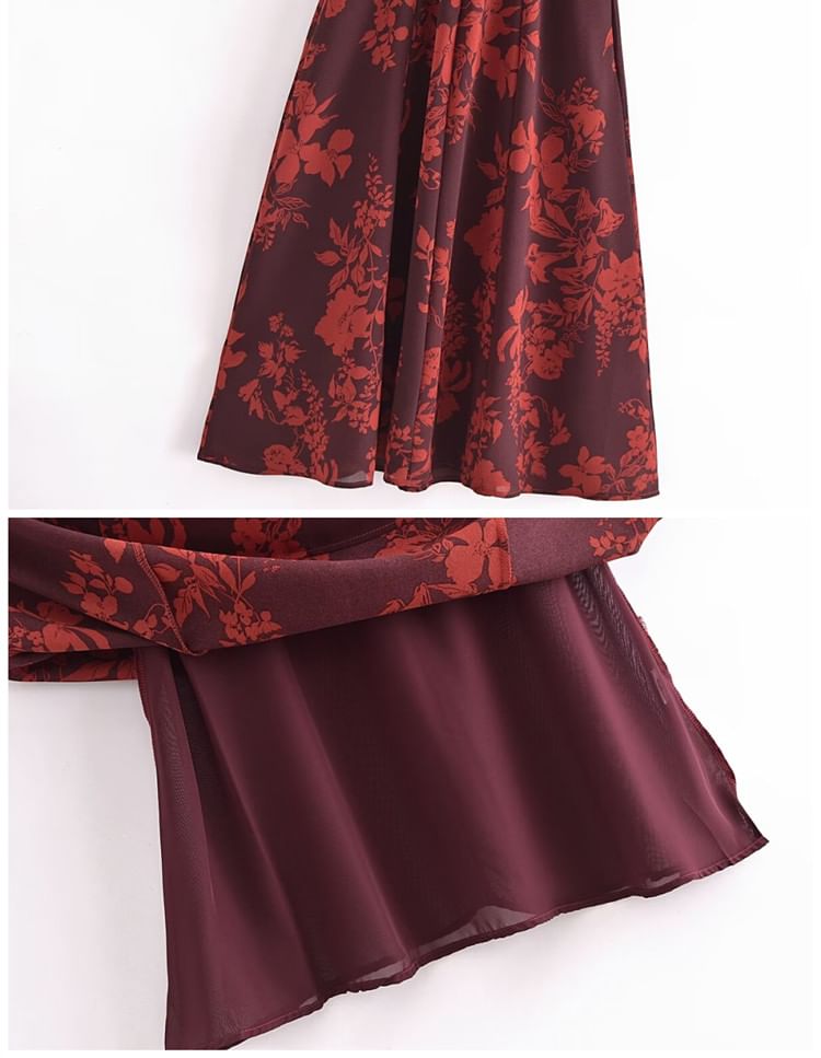 AIIZIE FLORAL PRINT BOWKNOT STRAP MIDI DRESS IN BURGUNDY - product image