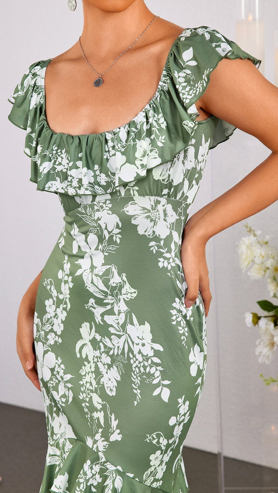 LACE COLLAR FLORAL PRINT ASYMMETRICAL HEM DRESS