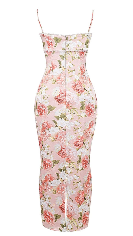 ABITO LUNGO IN PIZZO CON BUSTIER FLOREALE ROSA