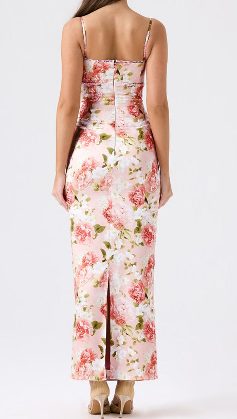 ABITO LUNGO IN PIZZO CON BUSTIER FLOREALE ROSA