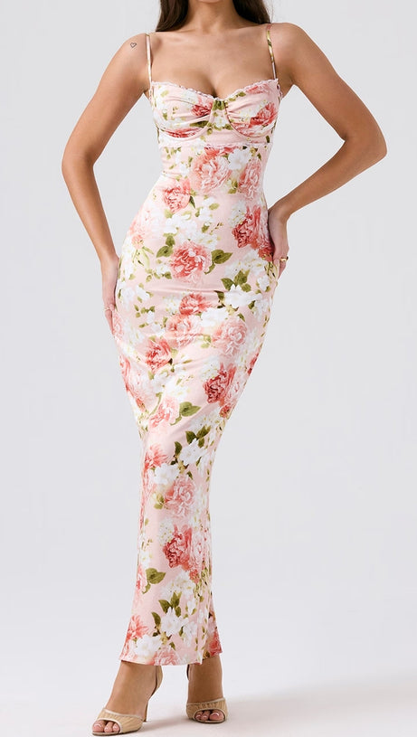 ABITO LUNGO IN PIZZO CON BUSTIER FLOREALE ROSA