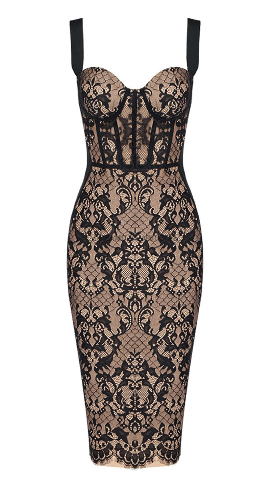 LACE INSERT BUSTIER MIDI DRESS BLACK