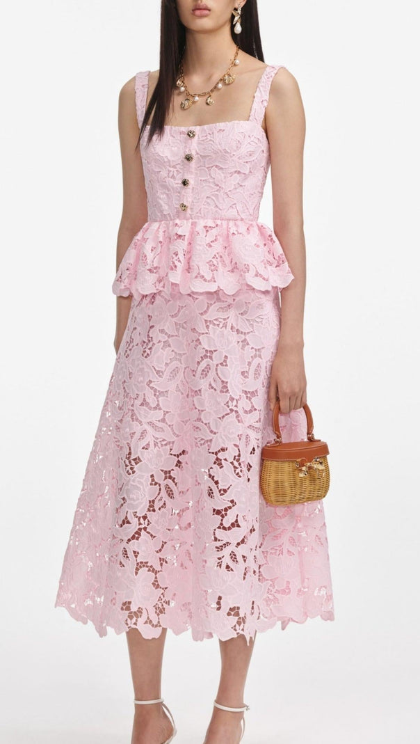 AIIZIE PINK LACE PEPLUM MIDI DRESS - product image