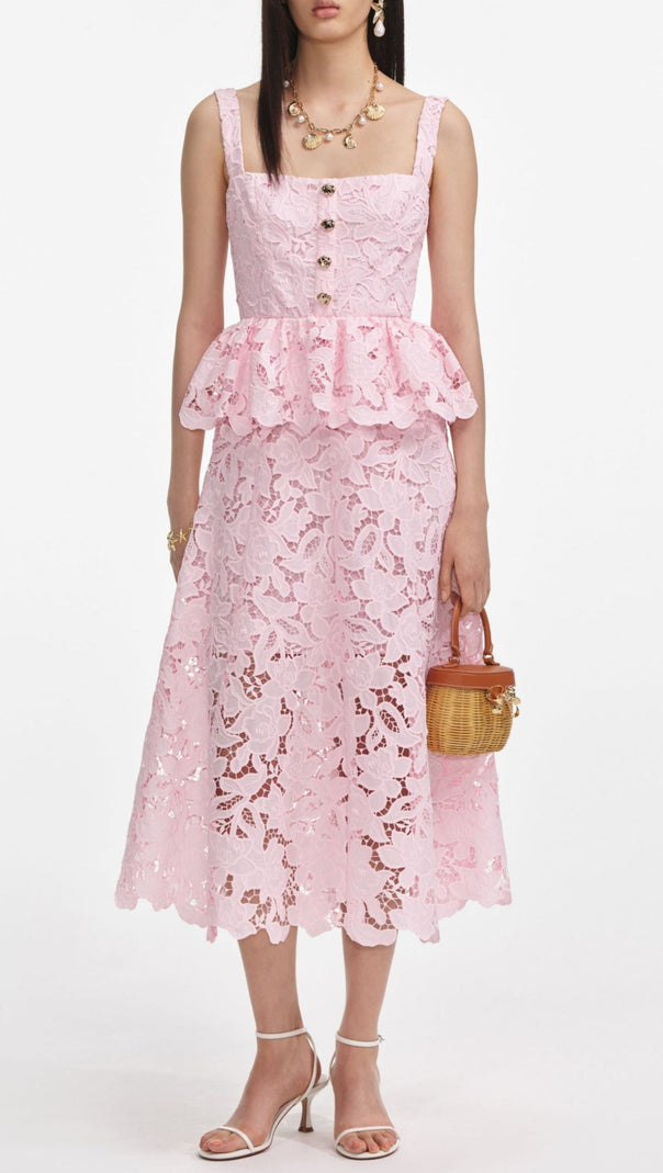 AIIZIE PINK LACE PEPLUM MIDI DRESS - product image
