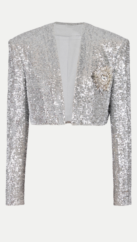 SEQUIN CROPPED BLAZER IN SILVER